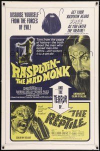 7b671 RASPUTIN THE MAD MONK/REPTILE 1sh '66 wacky Hammer double-bill, free Rasputin beards!