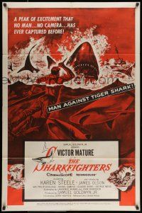 7b795 SHARKFIGHTERS 1sh '56 Victor Mature, cool artwork of man fighting sharks w/knife!