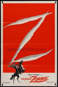 7b807 SIGN OF ZORRO 1sh R78 Walt Disney, art of masked hero Guy Williams on horseback & giant Z!