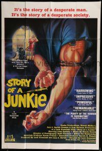 7b851 STORY OF A JUNKIE 1sh '84 Troma, great Zimic drug artwork of broken needle in arm!