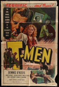 7b898 T-MEN 1sh '47 Anthony Mann film noir, cool art of sexy bad girl & man with gun!