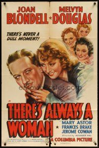 7b879 THERE'S ALWAYS A WOMAN style B 1sh '38 art of Joan Blondell, Melvyn Douglas & Mary Astor!
