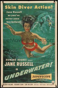 7b930 UNDERWATER 1sh '55 Howard Hughes, art of sexiest skin diver Jane Russell swimming by shark!