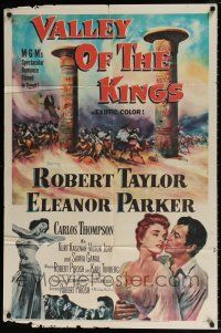 7b938 VALLEY OF THE KINGS 1sh '54 cool art of Robert Taylor & Eleanor Parker in Egypt!