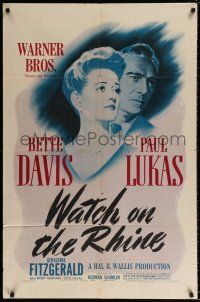 7b951 WATCH ON THE RHINE 1sh '43 artwork of Bette Davis & Paul Lukas, World War II Home Front!