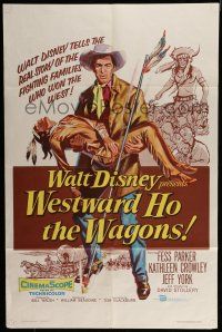 7b958 WESTWARD HO THE WAGONS 1sh '57 artwork of cowboy Fess Parker holding Native American!