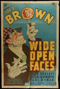 7b971 WIDE OPEN FACES 1sh '38 wacky art of sleuth Joe E. Brown & Jane Wyman in magnifying glass!