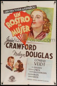 7b987 WOMAN'S FACE Spanish/U.S. export 1sh '41 Joan Crawford between Melvyn Douglas & Conrad Veidt!