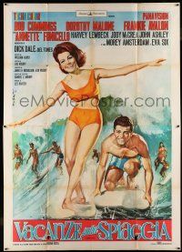 7c423 BEACH PARTY Italian 2p '63 Gasparri art of Frankie & Annette riding a wave on surfboards!