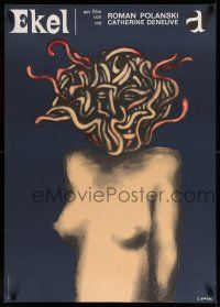 7f184 REPULSION German '65 Polanski, Deneuve, wild Polish style art of topless woman by Lenica!