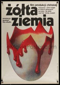 7f848 YELLOW EARTH Polish 27x38 '86 creepy Wieslaw Walkuski art of bloody egg shell!