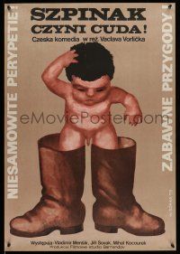 7f761 WHAT WOULD YOU SAY TO SOME SPINACH Polish 23x33 '78 funny Gorka art of baby in too-big boots