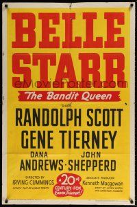 7h081 BELLE STARR 1sh R48 female outlaw Gene Tierney as The Bandit Queen!