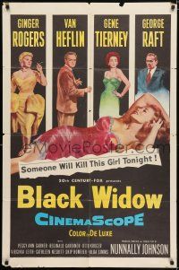 7h116 BLACK WIDOW 1sh '54 Ginger Rogers, Gene Tierney, Van Heflin, George Raft, sexy art!