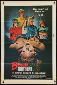 7h129 BLOODY BIRTHDAY 1sh '81 weird gruesome image of woman with burning candles and creepy kids!