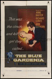 7h133 BLUE GARDENIA 1sh '53 Fritz Lang, Anne Baxter, there was nothing lily-white about her!