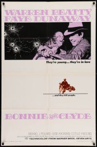 7h147 BONNIE & CLYDE 1sh '67 Warren Beatty & Faye Dunaway are young, in love & kill people!