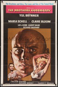 7h182 BROTHERS KARAMAZOV 1sh '58 huge headshot of Yul Brynner, sexy Maria Schell & Claire Bloom!