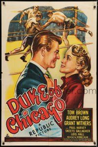 7h277 DUKE OF CHICAGO 1sh '49 art of boxer Tom Brown fighting in the ring, gorgeous Audrey Long!