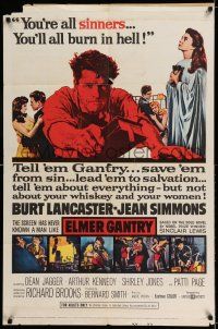 7h288 ELMER GANTRY 1sh '60 Burt Lancaster, Jean Simmons, from Sinclair Lewis novel!