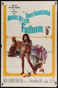 7h309 FATHOM 1sh '67 art of sexy nearly-naked Raquel Welch in parachute harness & action scenes!
