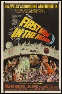 7h316 FIRST MEN IN THE MOON sighed 1sh '64 by Ray Harryhausen, H.G. Wells, fantastic sci-fi artwork!