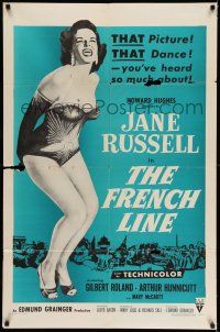 7h340 FRENCH LINE 1sh R57 Howard Hughes, art of sexy Jane Russell in skimpy outfit!