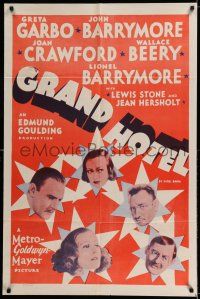 7h383 GRAND HOTEL 1sh R50s Greta Garbo, Joan Crawford, Wallace Beery, John & Lionel Barrymore!