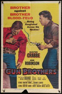 7h395 GUN BROTHERS 1sh '56 Buster Crabbe is shot by brother Neville Brand at close range!