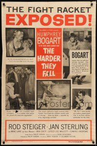 7h402 HARDER THEY FALL style B 1sh '56 Humphrey Bogart, Rod Steiger, boxing classic, cool artwork!