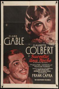 7h434 IT HAPPENED ONE NIGHT Spanish/U.S. export 1sh R48 close-up art of Clark Gable & Claudette Colbert!
