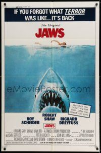7h439 JAWS 1sh R79 art of Steven Spielberg's classic man-eating shark attacking sexy swimmer!
