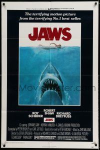 7h438 JAWS 1sh '75 art of Spielberg's classic man-eating shark attacking swimmer!