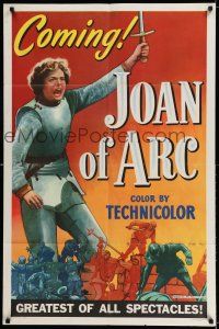 7h441 JOAN OF ARC style A teaser 1sh '48 art of Ingrid Bergman with sword and armor!