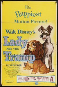 7h465 LADY & THE TRAMP 1sh R62 Disney classic dog cartoon, great image with Jock!