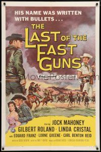 7h479 LAST OF THE FAST GUNS 1sh '58 by Jock Mahoney, his name was written with bullets!