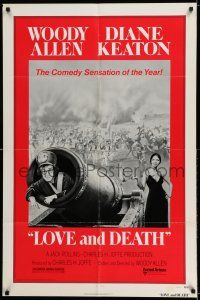 7h520 LOVE & DEATH style C 1sh '75 Diane Keaton about to fire Woody Allen out of a cannon!