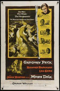 7h573 MOBY DICK 1sh '56 John Huston, great Gustav Rehberger art of Gregory Peck & the giant whale