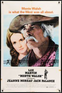 7h578 MONTE WALSH 1sh '70 super close up of cowboy Lee Marvin & pretty Jeanne Moreau!