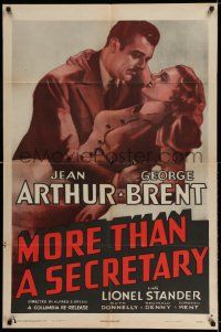 7h582 MORE THAN A SECRETARY 1sh R47 great full-length art of George Brent romancing Jean Arthur!