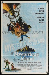 7h603 MYSTERIOUS ISLAND 1sh '61 Ray Harryhausen, Jules Verne sci-fi, cool hot-air balloon art!