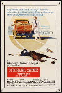 7h654 PULP 1sh '72 Michael Caine, wild murder artwork of girl run over by truck!