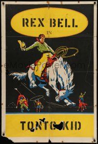 7h664 REX BELL 1sh '40s cool art of cowboy on wild horse, Tonto Kid!