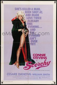 7h683 SCORCHY 1sh '76 full-length art of sexiest barely-dressed Connie Stevens in black cape!