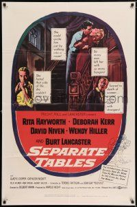 7h684 SEPARATE TABLES 1sh '58 Burt Lancaster desperately & violently craves Rita Hayworth!
