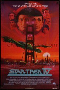 7h741 STAR TREK IV 1sh '86 art of Leonard Nimoy, Shatner & Klingon Bird-of-Prey by Bob Peak!
