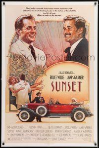 7h782 SUNSET 1sh '88 Blake Edwards, great Drew Struzan art of Bruce Willis & James Garner!