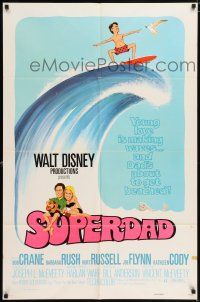 7h787 SUPERDAD 1sh '73 Walt Disney, wacky art of surfing Bob Crane & Kurt Russell w/guitar!
