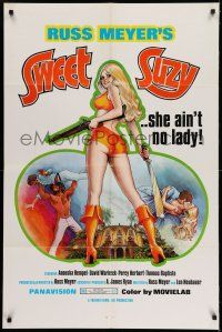 7h794 SWEET SUZY 1sh '73 Russ Meyer, art if sexiest Anouska Hempel with gun, she ain't no lady!