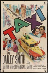 7h826 TAXI 1sh '53 artwork of Dan Dailey & Constance Smith in yellow cab in New York City!